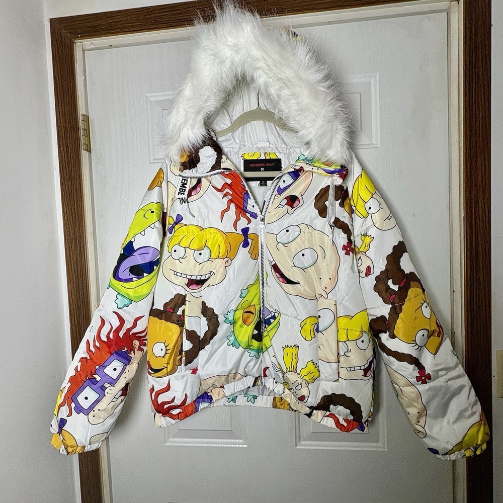 Nickelodeon Members Only Puff Jacket Women's Sz XL White All‎ Over Print Hooded